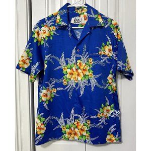 Vintage Hilo Hattie's Hawaiian Shirt Mens Medium Blue Aloha Welt Pocket Floral
